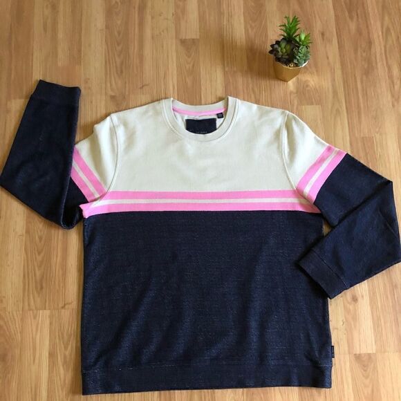Ted Baker London Crewneck Sweatshirt Pink/Navy Blue Striped Long Sleeve - Picture 1 of 7